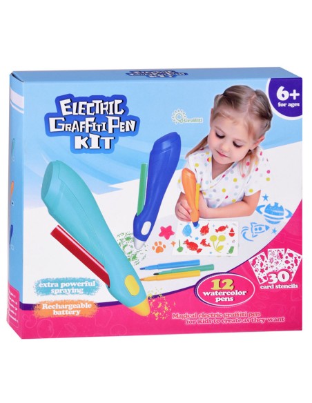 Interaktyvus purškiamojo meno rinkinis: 12 spalvų ir 30 trafaretų kūrybai