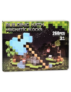 „Minecraft“ stiliaus magnetiniai kubeliai (260 vnt.) - Mėlynas kirtiklis ir 17 unikalių tekstūrų