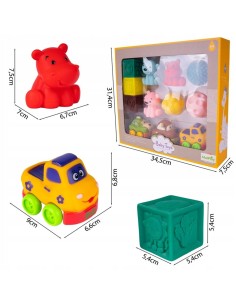 Sensorinės Montessori kaladėlės guminės su gyvūnais kamuoliais ir automobiliais MalPlay 2
