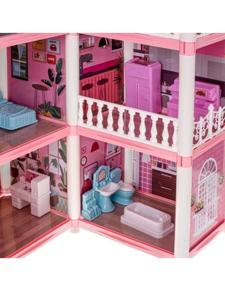 Lėlių namas rožinė vila DIY 4 lygiai su baldais