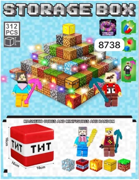 „Minecraft“ stiliaus magnetinis konstruktorius – 312 kubeliai + 2 personažas