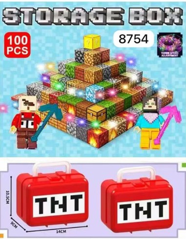 „Minecraft“ stiliaus magnetinis konstruktorius – 100 kubeliai + 2 personažas TNT