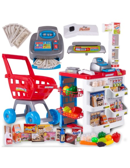 Prekybos centro žaislas su kasos aparatu ir vežimėliu