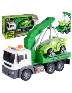 Vilkikas su kranu ir automobiliu, šviesa ir garsas