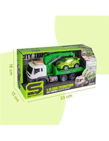 Vilkikas su kranu ir automobiliu, šviesa ir garsas