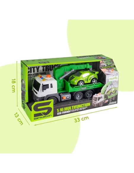 Vilkikas su kranu ir automobiliu, šviesa ir garsas