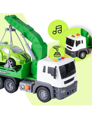 Vilkikas su kranu ir automobiliu, šviesa ir garsas
