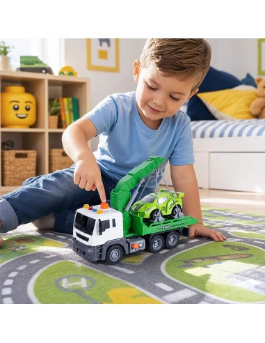 Vilkikas su kranu ir automobiliu, šviesa ir garsas