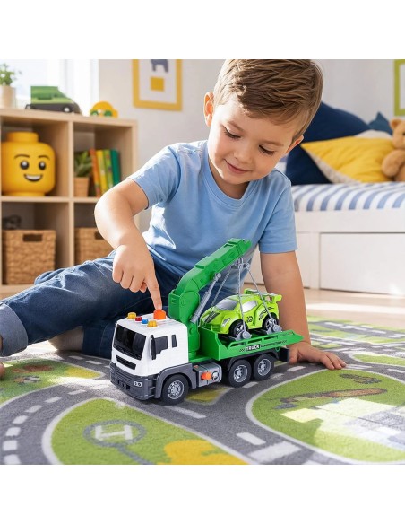 Vilkikas su kranu ir automobiliu, šviesa ir garsas