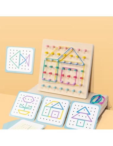 Medinis Montessori geometrijos ir kaiščių žaidimų rinkinys piešimas su gumom
