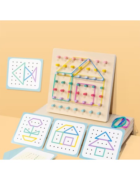 Medinis Montessori geometrijos ir kaiščių žaidimų rinkinys piešimas su gumom