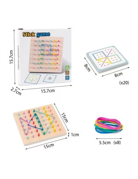 Medinis Montessori geometrijos ir kaiščių žaidimų rinkinys piešimas su gumom