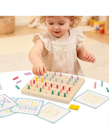 Medinis Montessori geometrijos ir kaiščių žaidimų rinkinys piešimas su gumom