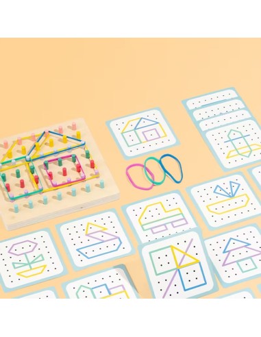 Medinis Montessori geometrijos ir kaiščių žaidimų rinkinys piešimas su gumom