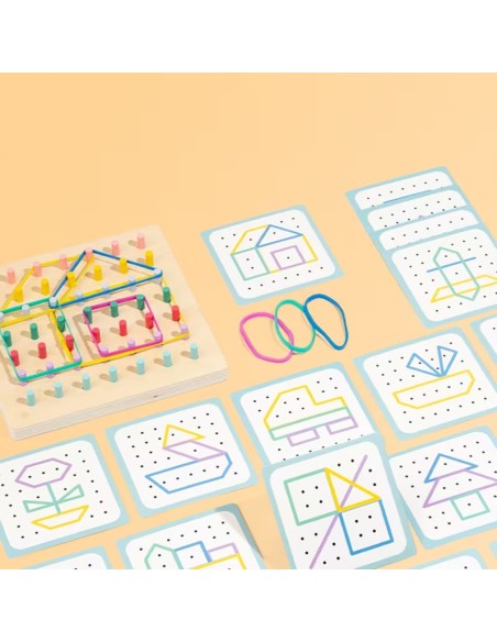 Medinis Montessori geometrijos ir kaiščių žaidimų rinkinys piešimas su gumom