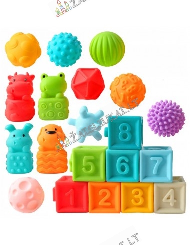Žaidimų rinkinys mažyliams - kubai, gyvūnai ir kamuoliukai 20 elementų