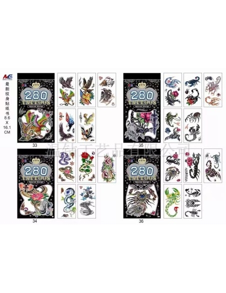 Vaikiškos lipdomos tatuiruotės su paukščiais, gyvatėmis ir skorpionais